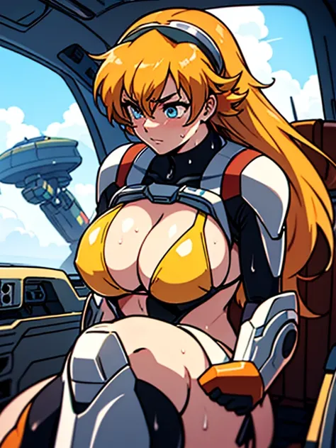 1 female、(((((Real Person)))))、blonde、Long Hair、head band、Big Breasts、stylish、((((Bikini Style Pilot Suit))))、Wet Bikini、Bottoms、Low rise、Thimble gloves、Knee-high boots、(((Robot cockpit)))、hermetic space、Sitting in the seat and piloting、vapor、Dripping Swea...