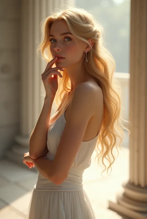 Aphrodite with a questioning face, with one hand on the chin, She has a white dress and blonde hair.