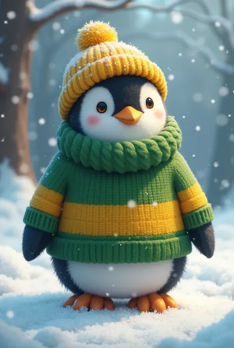 A penguin dressed up as Chara from Undertale wearing a wool hat
