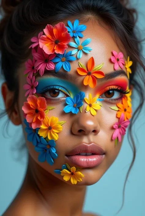 Create facial makeup with flowers, only flashy makeup  ,of colorful flowers made only of futuristic and unique makeup 
  , for light brown skin with national symbols of Panama 