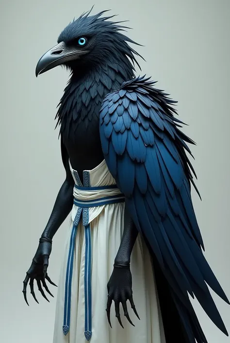  humanoid crow with black feathers and dark blue tips, deep blue eyes, whitish beak, having only the left wing in the same color scheme as its feathers, wearing a kind of long white tunic with blue details, sleeveless and hoodless, long claws on his hands ...