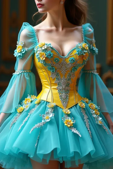  Glamorous princess style short dress with multi-layered skirt in turquoise sparkling tulle with rhinestones, gliter, diamond that does not go past the knee and yellow corset that reaches the waist with a neckline that reaches the waist, the neckline, embr...