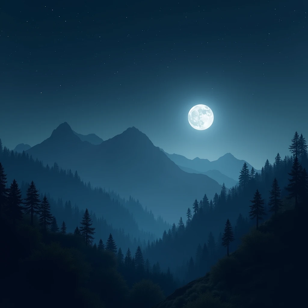 SKY at night, with the full and white moon, a mountain range below, darkened by shadow and full of forest, full of stars next to the moon