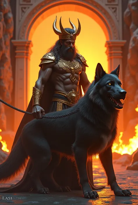 (photorealism:1.2), built up hades, dark golden skin wearing a black and gold crown, gateway of the greek underworld, hard lighting, fire and lava in background, holding a giant chihuahua with three heads and giant fangs with a strong leash, steady pose, r...