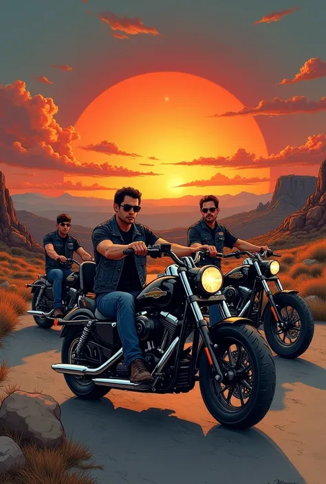 OLDSCHOOL drawing of a group of motorcyclists wearing a black shirt and denim motorcycle club vest, and YOUR black CUSTOM MOTORCYCLES, highlighting the surrounding landscape, a road in the magnificent sunset