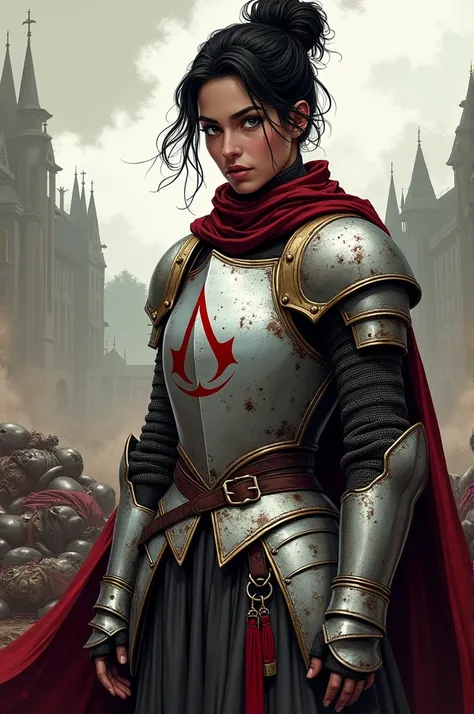 Jennifer carpenter as renaissance knight, with black hair in messy bun. Grey eyes. Has maroon cape. She is standing on the field. her ornate noble light armor with assassins creed emblem is very stained with blood. There is pile of dead renaissance bodies ...