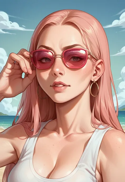 Generate hyper realistic  portrait photograph of a 2 Turkish girl wearing bright pink sunglasses, looking directly at the camera with a playful and confident expression in the seaside of Antalya City.The background is detailed, hinting at a natural outdoor...