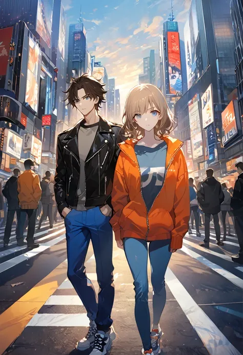 masterpiece, Best Quality, 8k ,4k, Size, wallpapers, anime style, only 2 characters, Young boy and girl, 18 years (A young man, White skin, black messy hair, dark hair bright grey eyes, SERIOUS LOOK, expressionless face,. Clean and tidy clothes, He is wear...