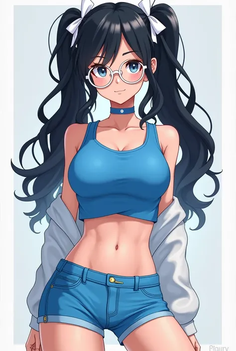 Make me an oc where a girl with wavy pigtails that are black and that has white ribbons instead of ties. She has a blue crop top and a low shorts she has white round glasses
