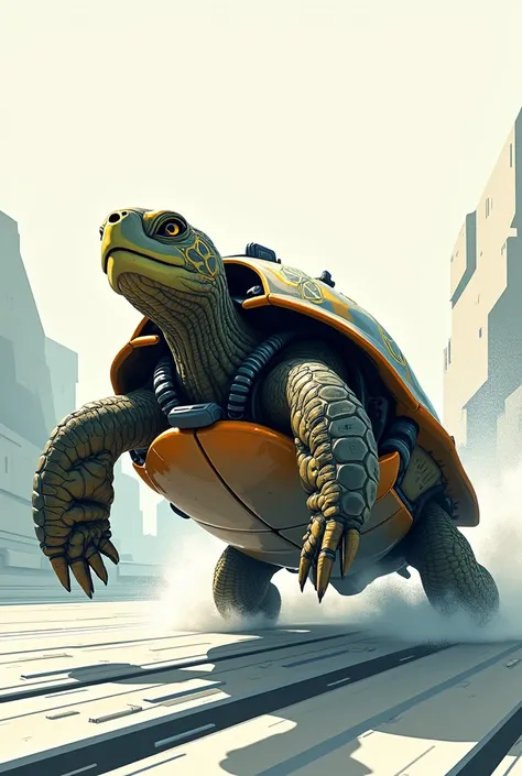 Create an illustration of a fast, technological turtle with equipment that makes it fast. The expression is determined and the illustration style is vectorial.