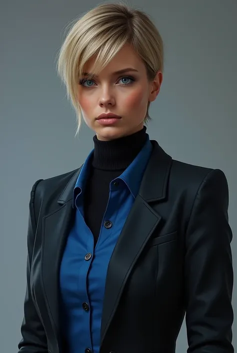 a close up of a person in a suit with a short haircut wearing a blue shirt and a black turtle neck t - shirt, Eve Ryder, star trek, a character portrait, dau-al-set, detailed, award winning, ultra realistic