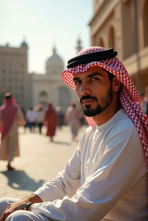 An Arab sitting in a square, taking a profile selfie, let the face be seen