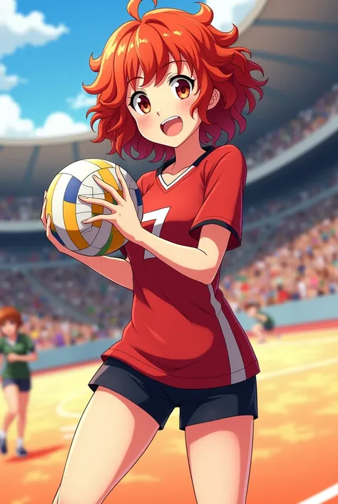 Create a redhead haikyuu oc with Hinata shoyo, and she with the number 7 and with curly hair and a volleyball in her hand and cartoon fanart style