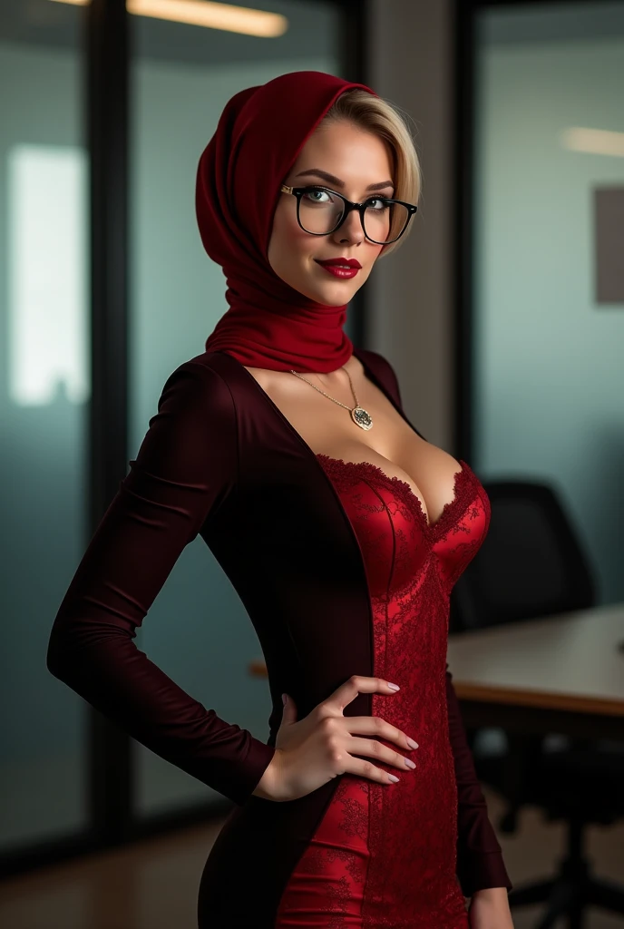 An russian woman at middle age, she has pretty seduced face with smile, she wearing hijab and has hourglass body, she has very huge tits with red lingerie, standing on office with sexy glasses