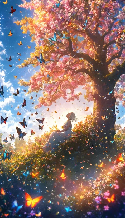 masterpiece, 1 man, looking up at the sky), (Many butterflies flying in the sky), Beautiful sky, summer，Colorful flowers are blooming everywhere, Mysterious and dreamy ,Giant Tree，quality(8K,CG wallpaper, masterpiece,High resolution,top-quality,Surrealism,...