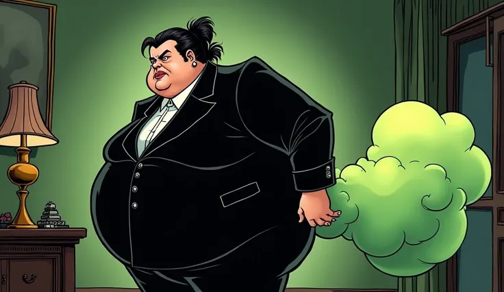 morbidly obese female mob boss in a black suit, farting, olive green gas coming out of her backside, comic artstyle