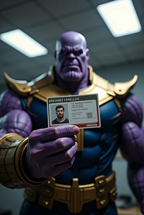 Thanos holding a work card 