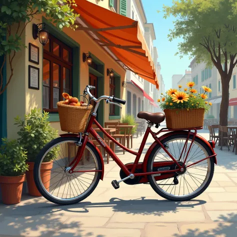   ( Perfect Anatomia )work of art, twelve, twelve, Digital oil painting in fresh and elegant aesthetic style, work of art requintada cria uma cena fotográfica refrescante de café da manhã，

                        Brown classic bike(Unique style)特寫Brown cl...