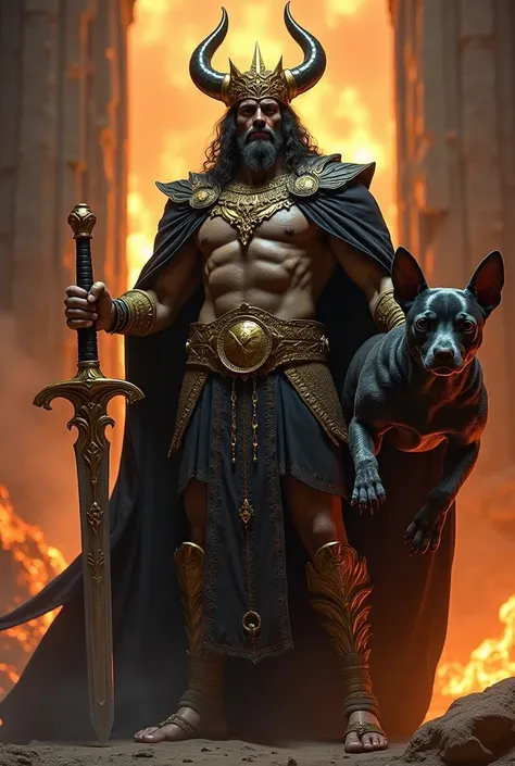 (photorealism:1.2), built up hades, dark golden skin wearing a black and gold crown, gateway of the greek underworld, hard lighting, fire and lava in background, holding a big sword in one hand, and on the other hand holding a giant three-headed chihuahua ...