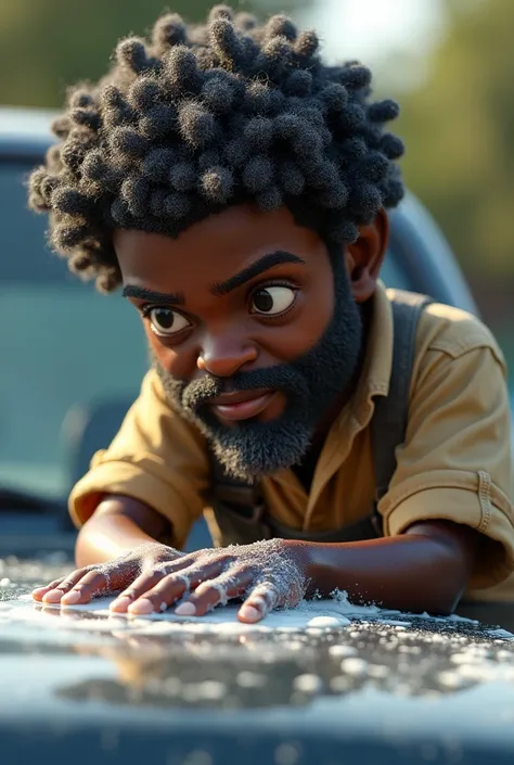 create a car washer figure where the boy is dark-skinned, has curly hair with low sides, a gray beard, and black hair. washing car.