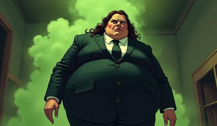 morbidly obese female mob boss in a black suit, farting, olive green gas coming out of her backside, comic artstyle