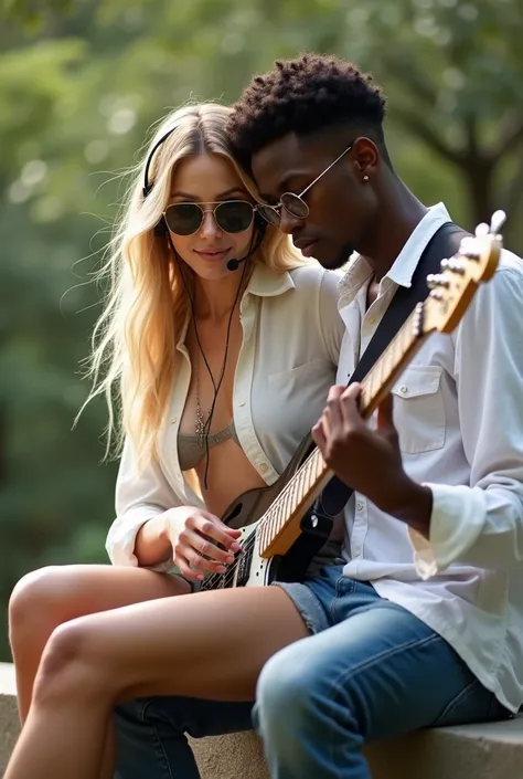 Create a photo of a 30 year old woman, with a slender and beautiful body, wearing jean shorts and an open white shirt, with white and clear skin, with long blond hair, wearing a headset and sunglasses and is sitting on the lap of a dark skinned black teena...