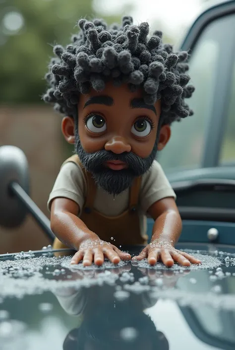 create a car washer figure where the boy is dark-skinned, has curly hair with low sides, a gray beard, and black hair. washing car.