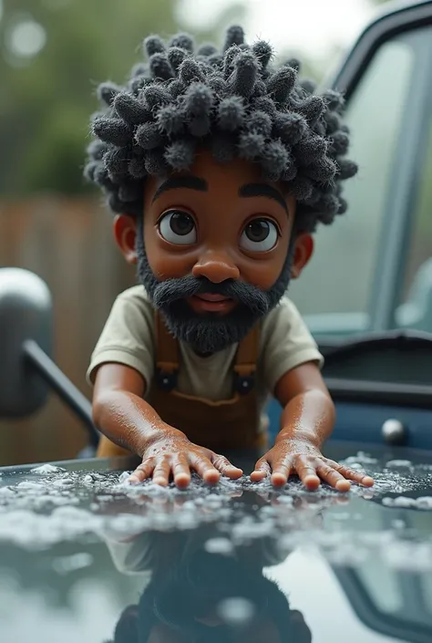 create a car washer figure where the boy is dark-skinned, has curly hair with low sides, a gray beard, and black hair. washing car.