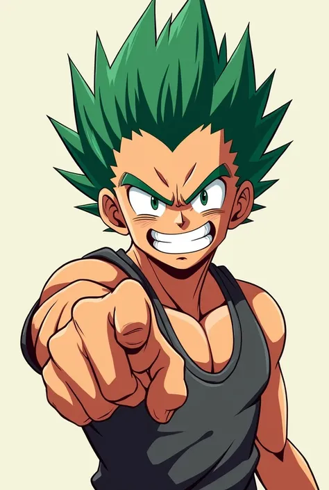 Angry anime boy with happy face laughing with green eyes with big muscular hair pointing at the fourth wall