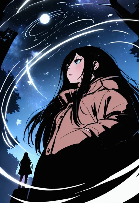 
many stars shining in a beautiful bright winter night sky, long exposure of starry sky with many circular orbits, silhouette of a young woman with long hair with her hands in the pockets of her coat looking up, photo taken from a distance, photo from belo...