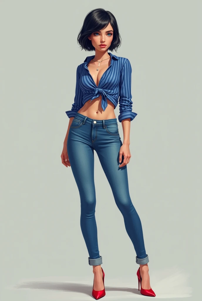 tight blue jeans, red small heels, short blue striped shirt, dark hair, bob cut, blue eyes, small breasts, , tall