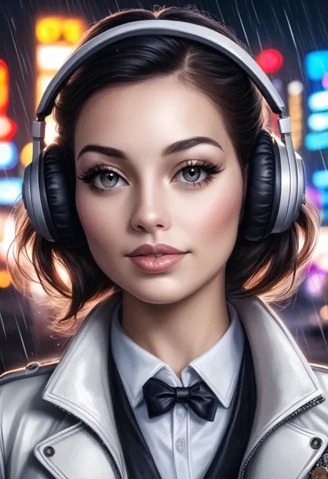 1girl, 1 woman, black hair, headphones, city pop, lo-fi, rainy day, detailed eyes, beautiful detailed lips, extremely detailed face, long eyelashes, portrait, realistic, cinematic lighting, dramatic colors, muted tones, natural lighting, soft focus, photor...