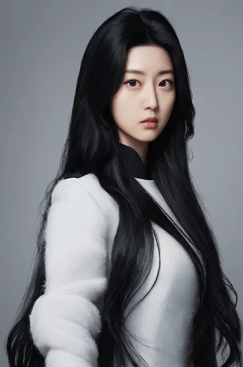 (Hasselblad:1.2),1chinese lady,solo,black eyes,jet black hair,very long hair,hair as long as rapunzel,shiny black hair,thick hair,most very fluffy hair,female jail officer,black uniform,black pants,most very quite close,high resolution,most very angry face...