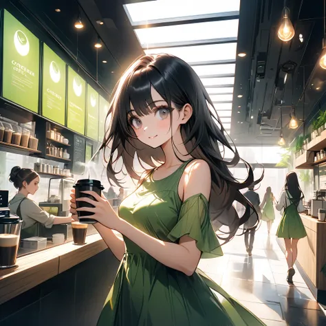 Beautiful young woman with long shiny dark hair, Dark-eyed woman dressed in a simple green dress buying a cup of coffee inside an eco-friendly cafe,n,  room with good lighting, large glass windows, People walking on the streets of a big ecological futurist...