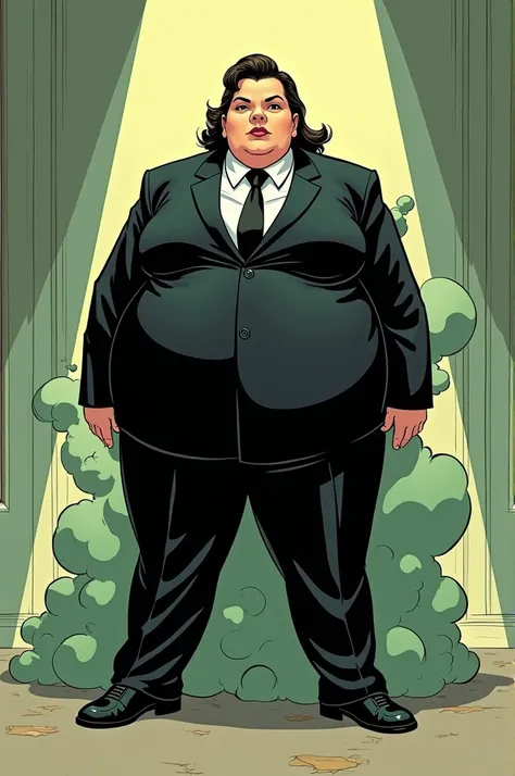 morbidly obese female mob boss in her 20s, wearing a black suit, farting, olive green gas coming out of her backside, comic artstyle