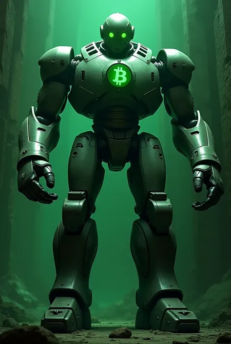 A large male humanoid robot with a metallic body, glowing green eyes, and a green bit coin like object in his hand, set against a dark green background 