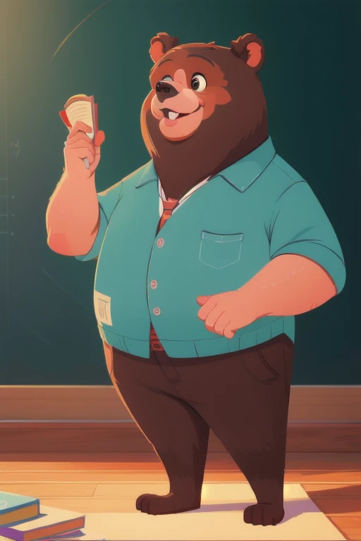 a bear teacher dressed as a teacher, cartoon style, whimsical, colorful, adorable, happy expression, masterpiece, 8k, ultra deta...