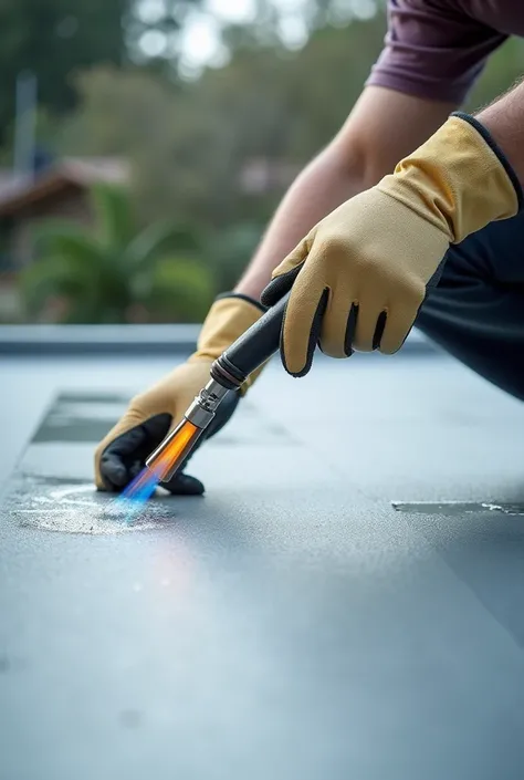 Generate an Instagram post image featuring a person wearing protective gloves and using a torch to waterproof a terrace with a membrane. The image should clearly show the individual applying the membrane to the terrace, highlighting the use of safety gear ...