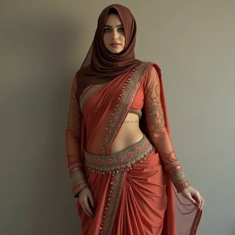 Hot sexy beautiful Busty Traditional Pakistani Hijabi Muslim Milf covering her head with Hijab wearing Saree and a waist chain around her belly. Navel visible 