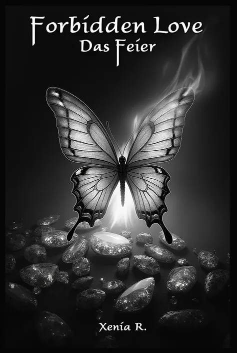  in the middle is a butterfly that is burning and in the background there are jewels and it should all be black and white. At the top it says "Forbidden love das Feuer" in large letters and at the bottom it says "Xenia R" in small letters.