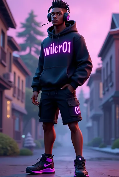 Fortnite Skins, black man, with black sweater and engraved with the name WilCR01 in neon purple, Black shorts and black tennis shoes with neon purple, with black gamer headphones with neon purple, Anuel AA style haircut