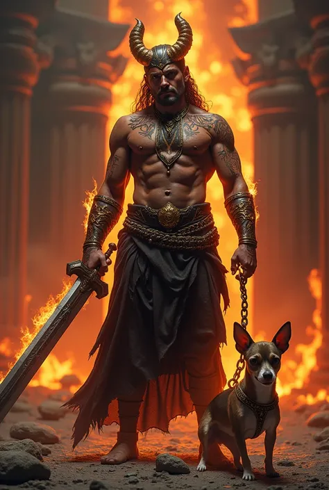 (photorealism:1.2), built up hades, dark fiery skin wearing a black and gold crown, gateway of the greek underworld, fire tattoos on torso and arms, hard lighting, fire and lava in background, holding a big sword in one hand, and on the other hand holding ...