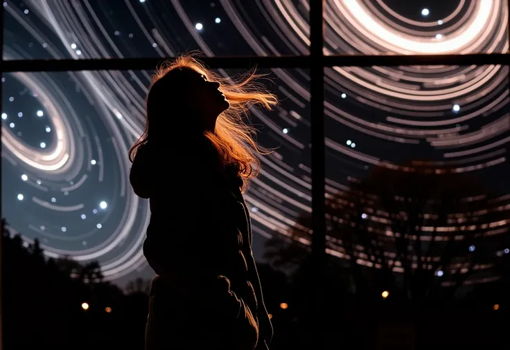 
many stars shining in a beautiful bright winter night sky, long exposure of starry sky with many circular orbits, silhouette of a young woman with long hair with her hands in the pockets of her coat looking up, photo taken from a distance, photo from belo...