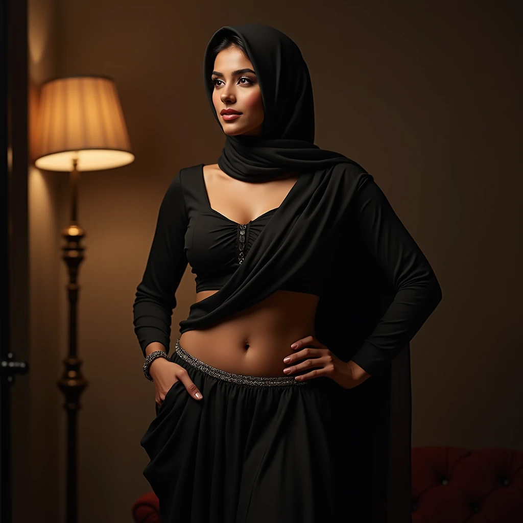 A hot, sexy, beautiful, busty, traditional Pakistani hijabi Muslim milf, wearing a saree with a waist chain around her belly, navel visible, (best quality,4k,8k,highres,masterpiece:1.2),ultra-detailed,(realistic,photorealistic,photo-realistic:1.37),HDR,UHD...