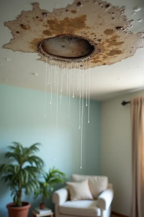 Create an Instagram post image showing water leaks inside a house. The image should depict visible water drips or stains on the ceiling or walls, with emphasis on the areas affected by the leaks. Include details such as water droplets or discolored patches...