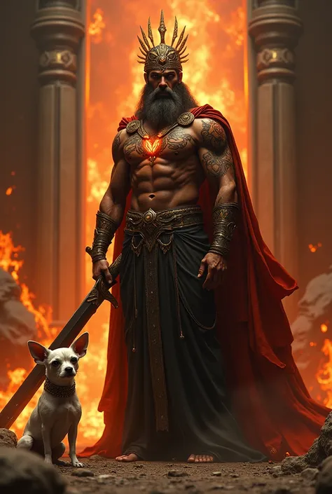 (photorealism:1.2), built up hades, dark fiery skin wearing a black and gold crown, gateway of the greek underworld, fire tattoos on torso and arms, hard lighting, fire and lava in background, holding a big sword in one hand, a giant three-headed chihuahua...