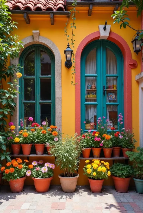 Front facing image of 4 single story multicoloured boho chic windows in a row with multicolour pots of flowers