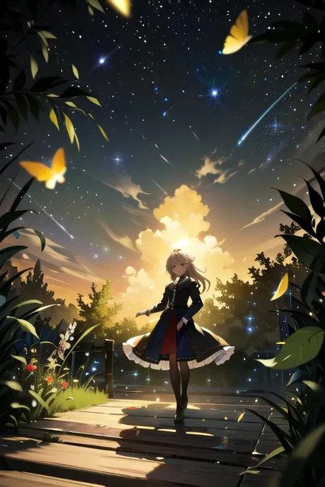 (8 k, Top quality, Masterpiece: 1.2), (real, photoreal: 1.37), Superior detail, one girl, wide viewing angle, Firefly Garden, Lots of little dim lights and fireflies flying around., a night