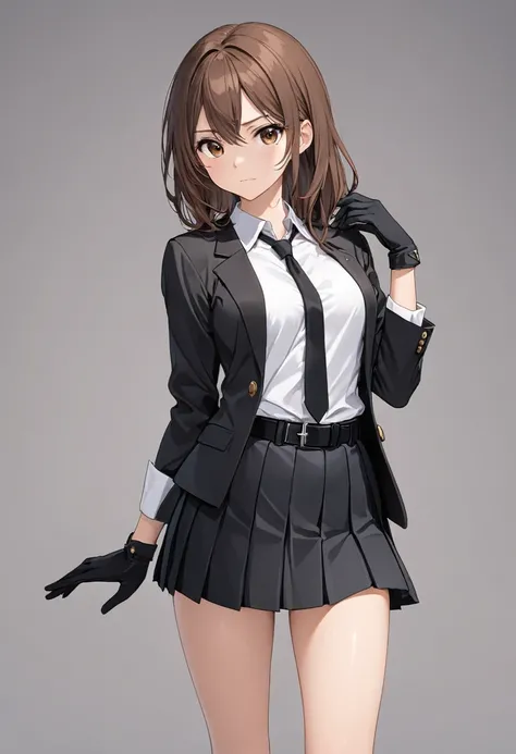 Black miniskirt , pleated skirt , black shoes ,whole body , thighs , brown hair , brown eyes , bare legs , face , Black gloves , White shirt , black tie , button open blazer , standing posture , black belt , close up