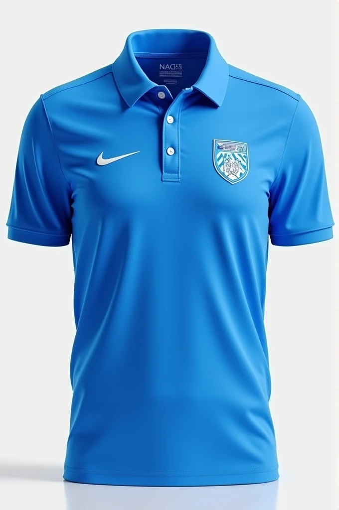 Blue and white sports polo shirt with a base on the right
